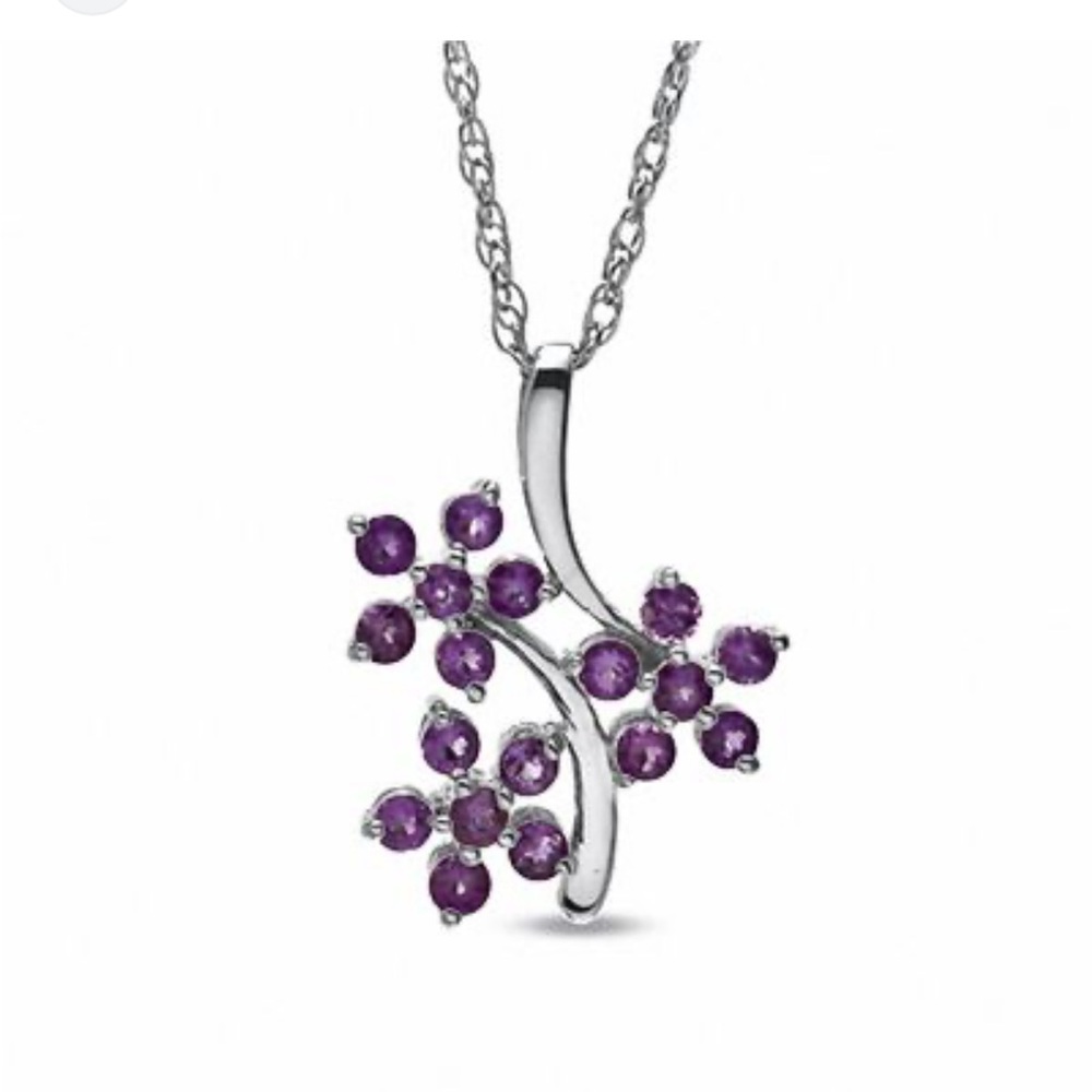 Sterling Silver Amethyst Cluster Pendant Necklace Purple Gemstone
